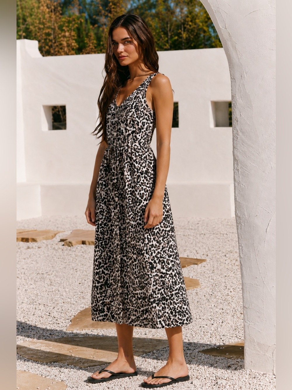 Cloth & Stone Linen Blend Midi Dress Medium Button Front Animal Print